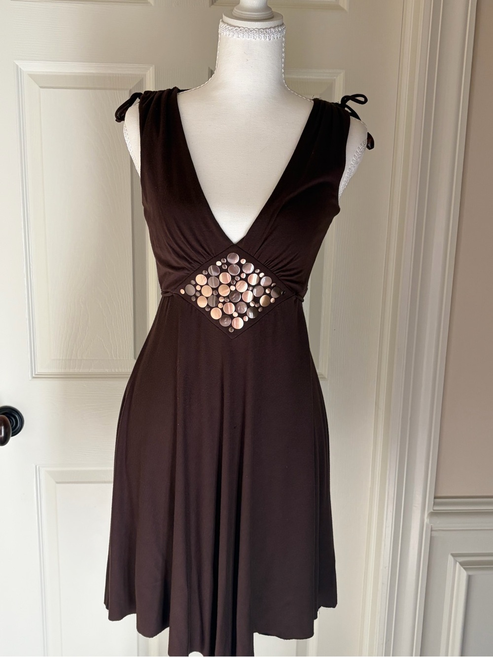 Akiko Brown Midi Dress with Metallic Waist Discs